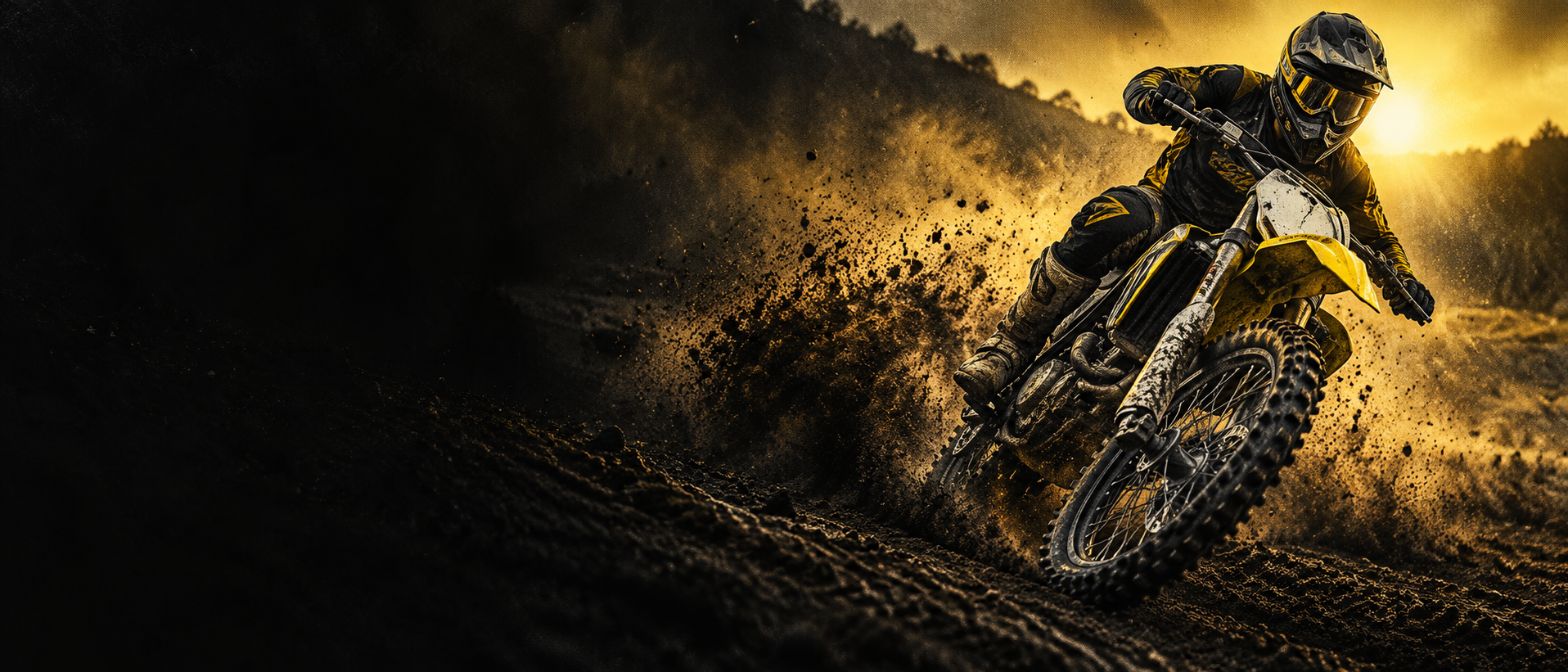 Stylized illustration of a motocross rider leaning into a dusty corner